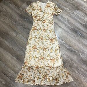 Leith XXS Cream Floral Maxi Dress | Cottagecore Puff Sleeve Ruffle Hem Romantic